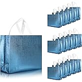 cabzymx 16 Pcs Blue Reusable Gift Bags, Metallic Bling Design Holiday Gift Bags with Handles & Bases, Non-woven Goodie Bag Bulk for Birthday, Wedding, Parties, Graduation- 12.6x4.7x11 In