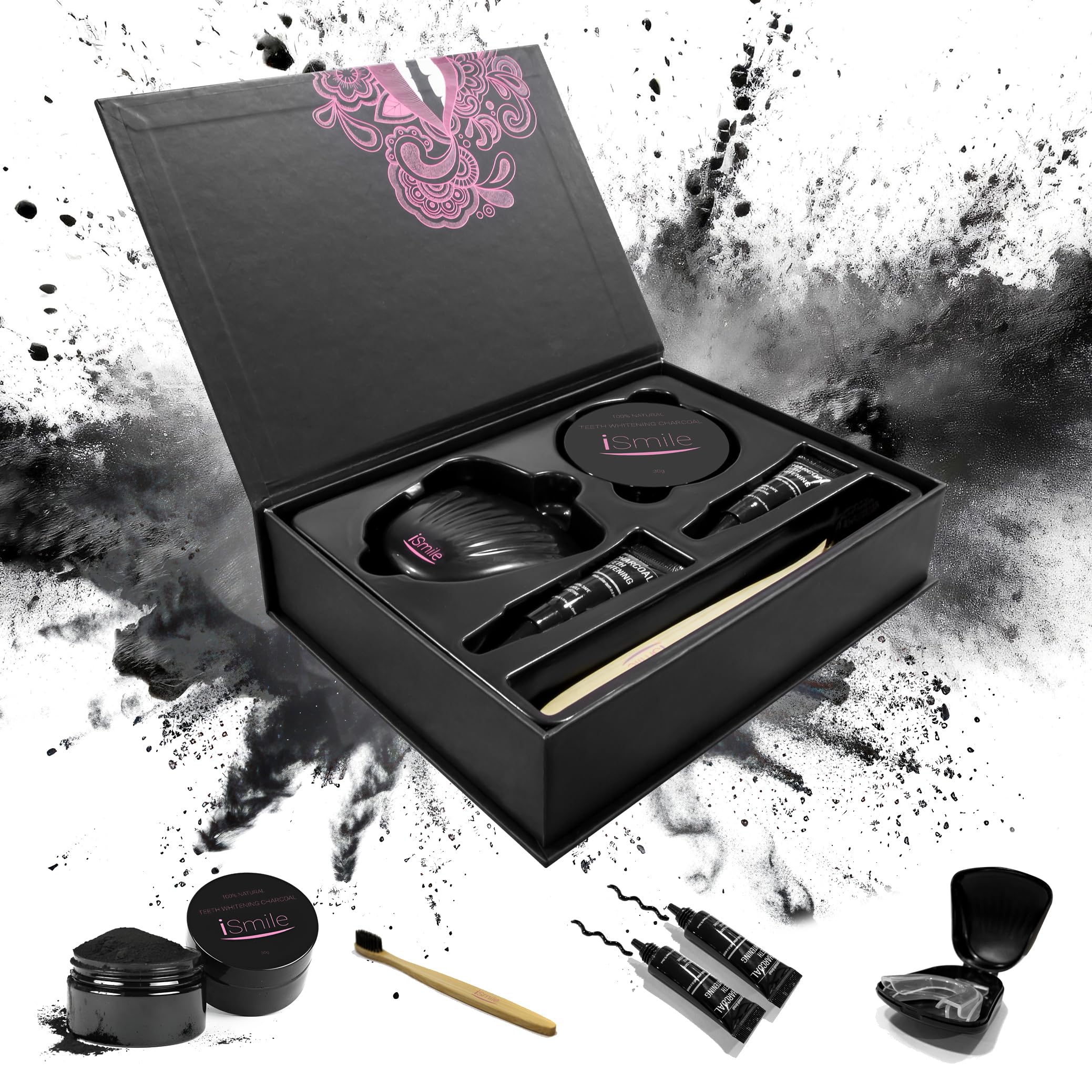 iSmile 7-Piece 7 Day Activated Charcoal Pro Teeth Whitening Kit | Dentist Results at Home | 100% Natural | Gently Removes Stubborn Stains from Tobacco, Wine, Coffee | Longer Lasting Results |