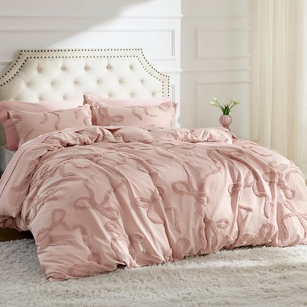 BEDSURE BOHO DUVET COVER QUEEN SIZE – ROSE PINK TUFTED BOHO BEDDING, FARMHOUSE SHABBY CHIC EMBROIDERY BEDDING FOR ALL SEASONS, 3 PIECES, 1 SOFT JACQUARD QUEEN COMFORTER COVER AND 2 PILLOW SHAMS