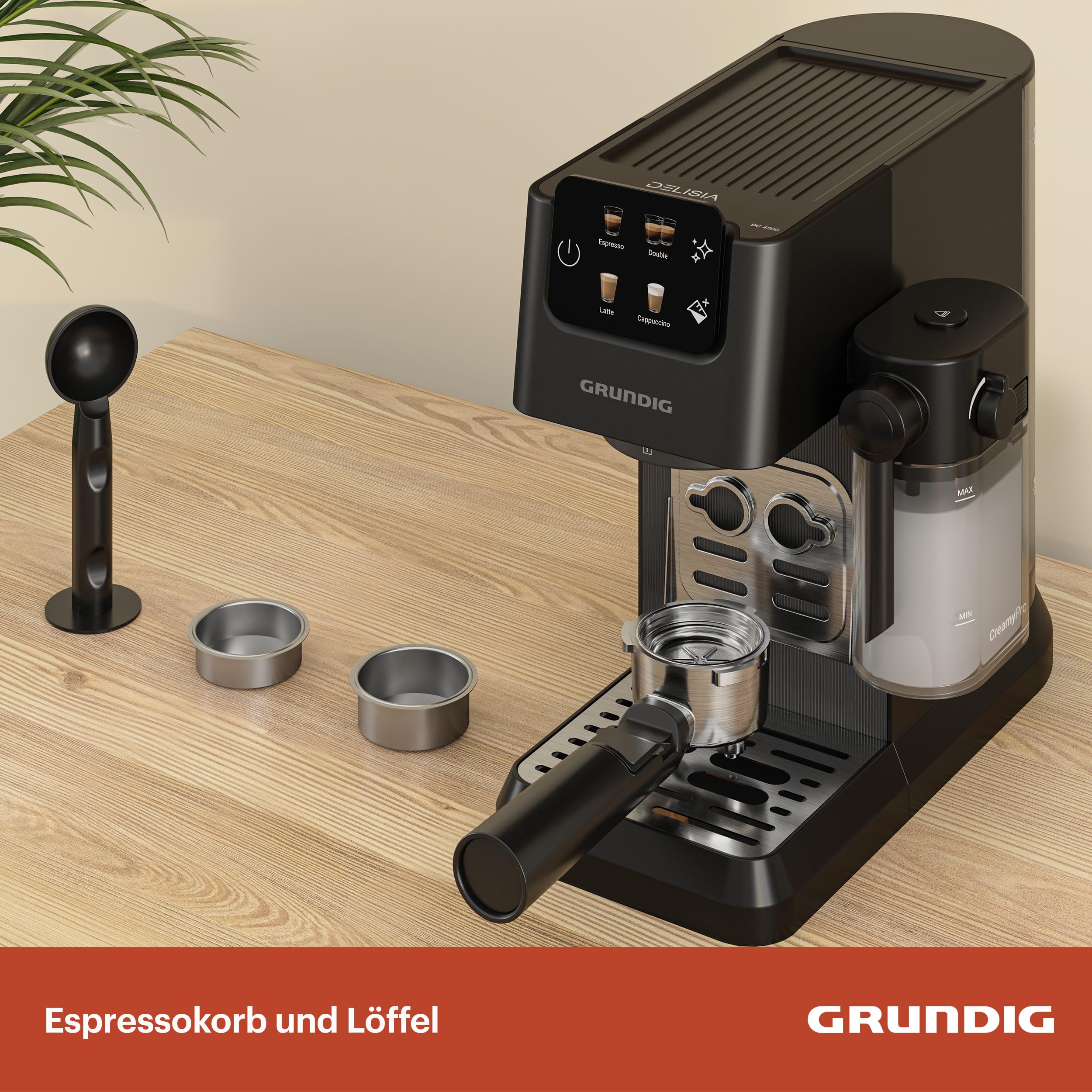 GRUNDIG - KSM 5330 Siebträgermaschine - 1628 W - 15 Bar Pumpendruck - Dark Inox - Milchbehälter 300ml - Touch-Display - BrewSense Technologie - 1,1L Wassertank - Espresso & Cappuccino - Robust 5