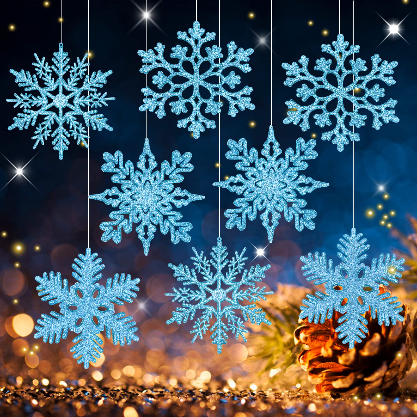 MIAHART 40 Pack Christmas Blue Snowflake Ornaments 4 Inch Blue Plastic Glitter Snowflake Ornaments for Christmas Tree Decorations Winter Wedding Xmas Party Supplies