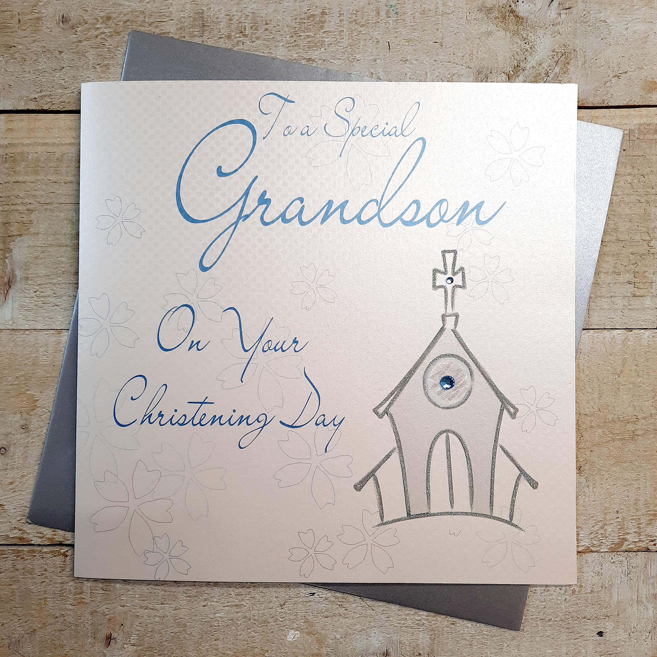 WHITE COTTON CARDS Code XLWB40 To A Special Grandson on Your Christening Day, Handmade Large Christening Card Blue Church,22cm x 22cm