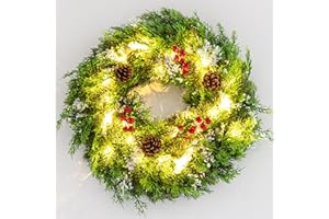 ETHEREAL LOMOER Christmas Wreath with 25 Led Lights, Battery Operated, Prelit Christmas Wreath with Red Berries Balls Fiber Optics, 18In Christmas Wreaths for Front Door Windows Fireplace Wall Christmas Decorations