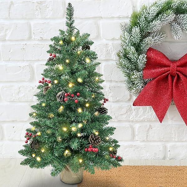 3FT PRE-LIT MINI CHRISTMAS TREE,ARTIFICIAL PINE 121 PVC BRANCHES TIPS WITH 11 RED BERRIES & 11 PINECONE & 70 LED STRING LIGHTS & BURLAP WRAPPED BASE DECOR XMAS TREE FOR TABLETOP,BATTERY OPERATED