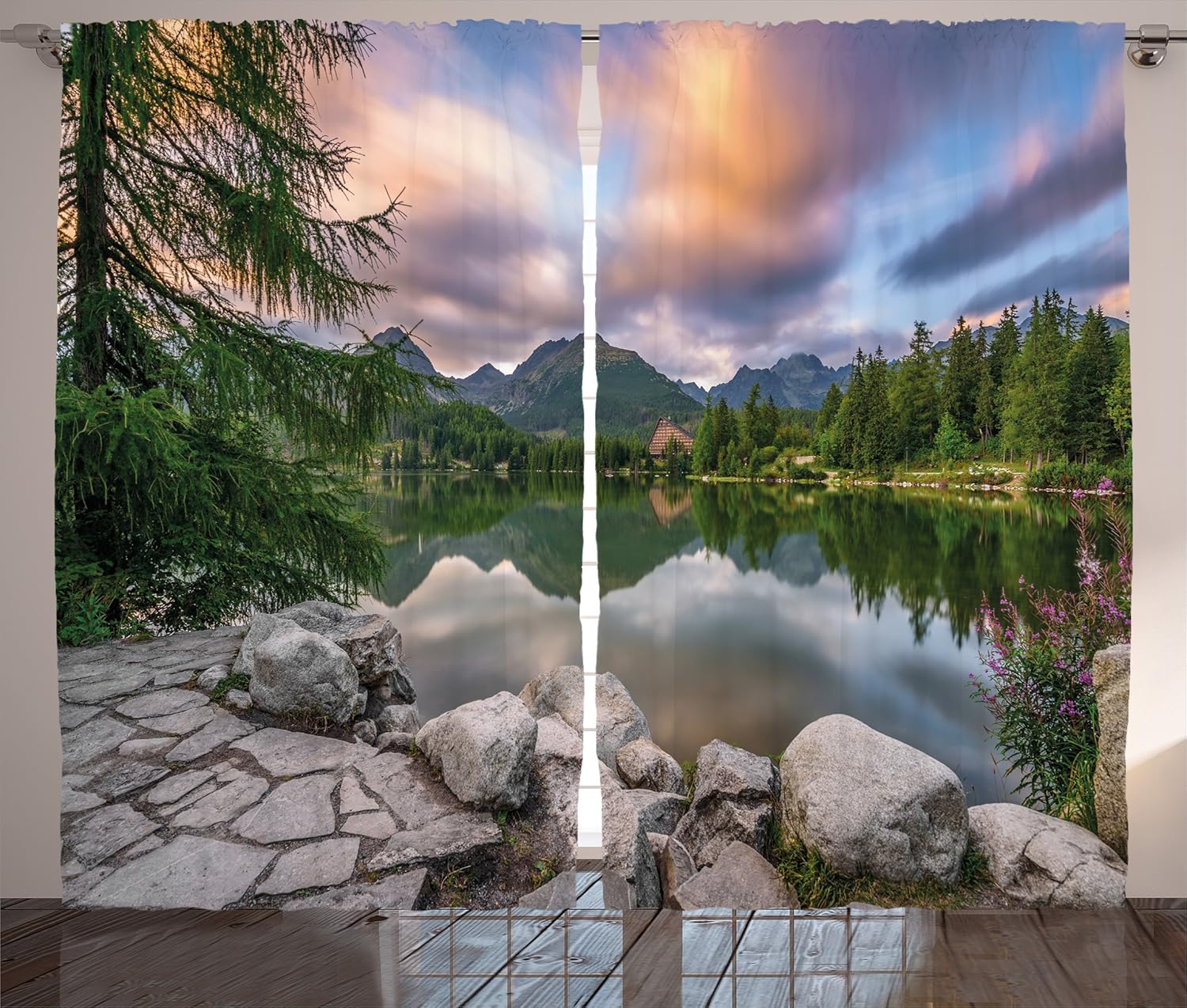 Ambesonne Mountain Curtains, Idyllic View with Tree on Still Lake Surrounded by Mountains and Moody Sky Image, Living Room Bedroom Window Drapes 2 Panel Set, 108