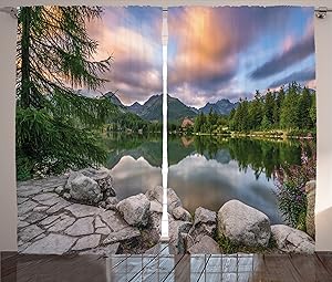 Ambesonne Mountain Curtains, Idyllic View with Tree on Still Lake Surrounded by Mountains and Moody Sky Image, Living Room Bedroom Window Drapes 2 Panel Set, 108
