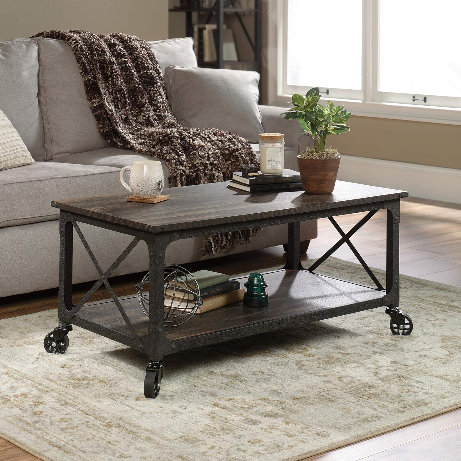 Sauder Steel River Coffee Table, L: 42.91" x W: 24.21" x H: 18.5", Carbon Oak: Furniture & Decor