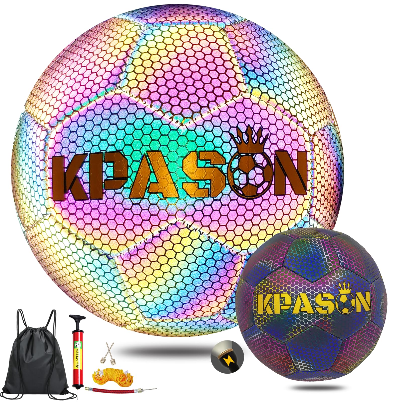 Photo 1 of KPASON Soccer Ball, Holographic Glowing Soccer Ball Size 4 Reflective Hologram Ball with Pump for Adults Outdoor Training & Game