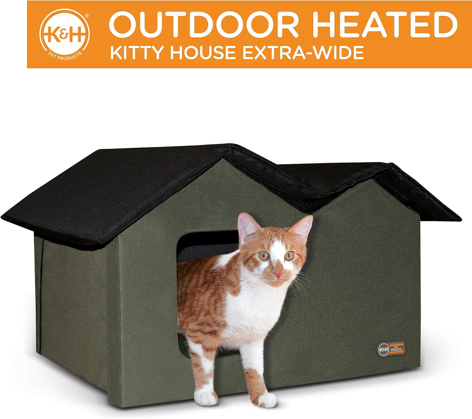 K&H Pet Products Outdoor Heated Kitty House Extra-Wide Olive/Black 26.5" x 15.5" x 21.5" 20W : Pet Supplies