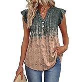 OFEEFAN Summer Tops for Women Button Down Blouses for Women Dressy Casual V Neck T Shirts Ruffle Sleeve