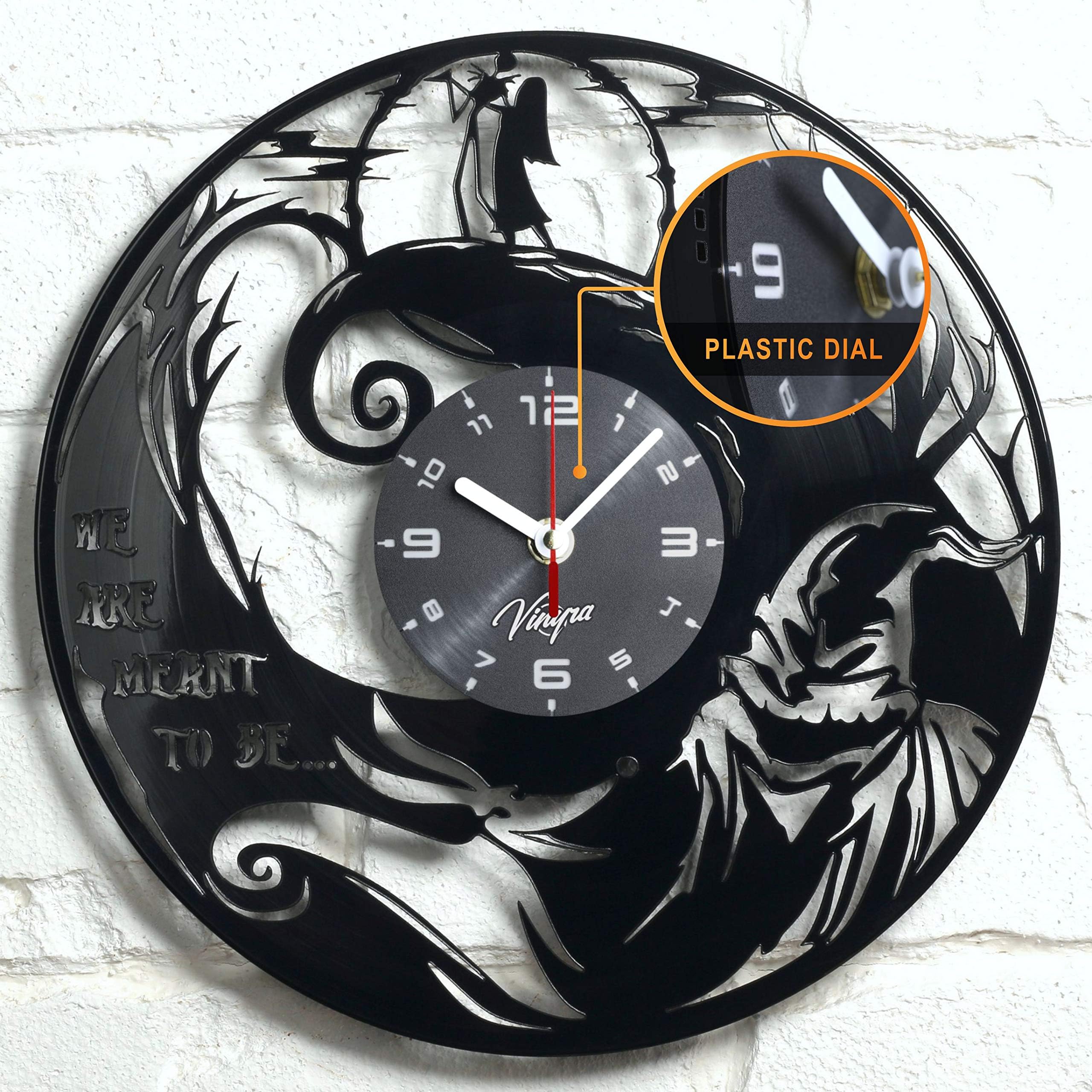 Vinyra Vinyl Wall Clock Compatible with Tim Burton Jack Skellington and Sally Nightmare Before Christmas Cartoon Themed Kids Room - Gift Idea Characters Nursery Art Decor 12” LP Record Clock Black