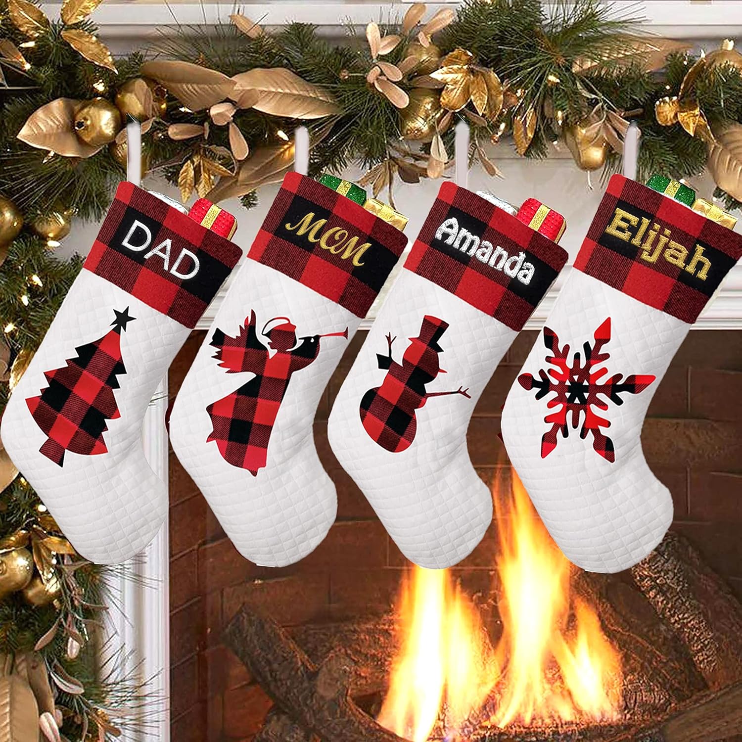 Stockings & Holders - Personalized Christmas Stockings (20 inch) Custom Embroidered Name Linen Burlap Red Tree Snowflake Rustic Farmhouse Fireplace for Family Decorations Holiday 2022 Xmas Gift - 1 Pack