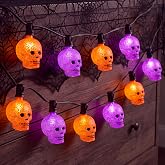 15.5FT Halloween Skull String Lights, 15 LED Ghost Head Lights, Plug In | Orange Green Purple Spooky Glow, 48 Sets End-To-End Connection, UL Listed Indoor Outdoor Use, E12 Socket with Built-In Hooks