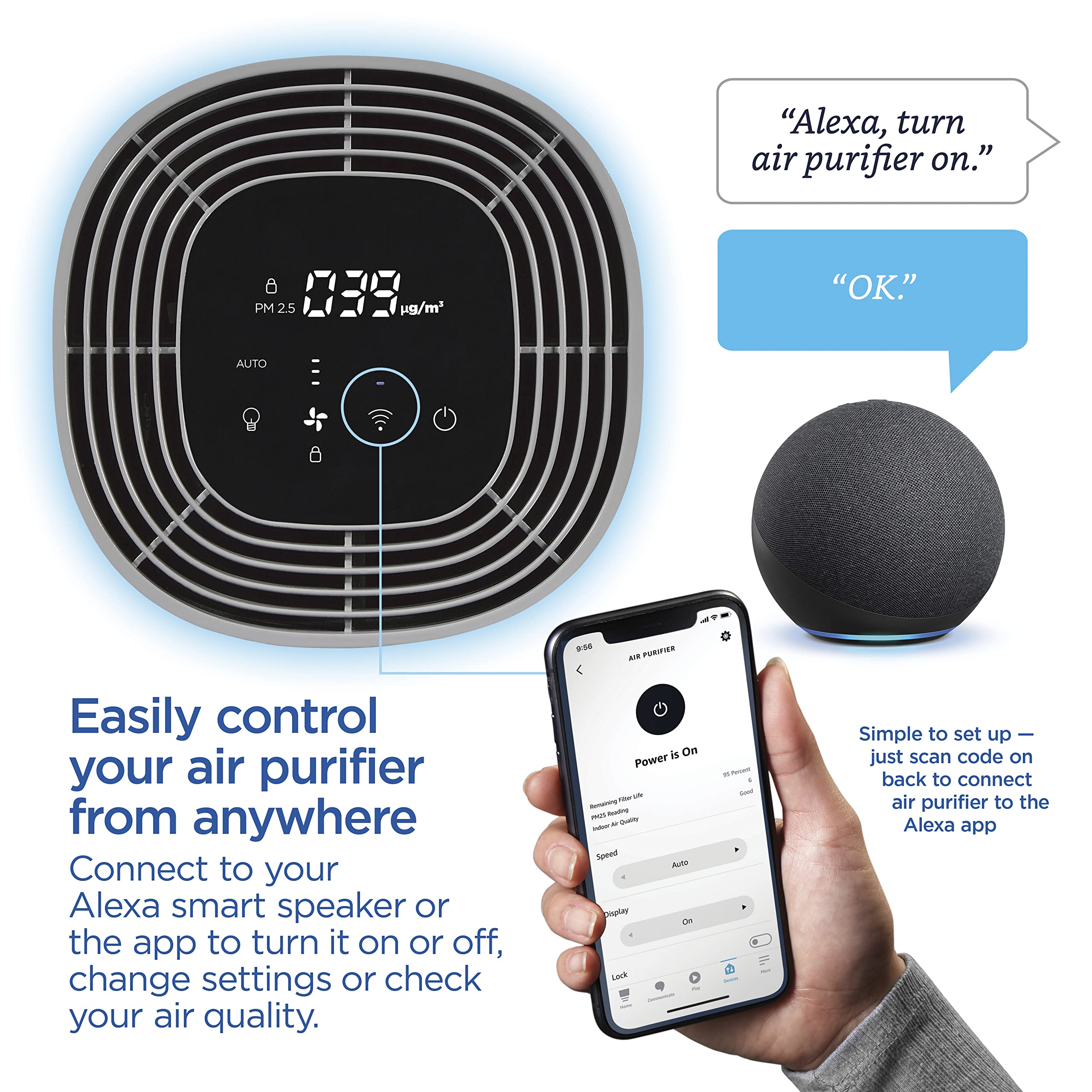 Clorox Smart Air Purifiers for Home, True HEPA Filter, Works with Alexa, Medium Rooms up to 1,000 Sq Ft, Removes 99.9% of Viruses, Wildfire Smoke, Mold, Allergies, Dust, AUTO Mode, Whisper Quiet