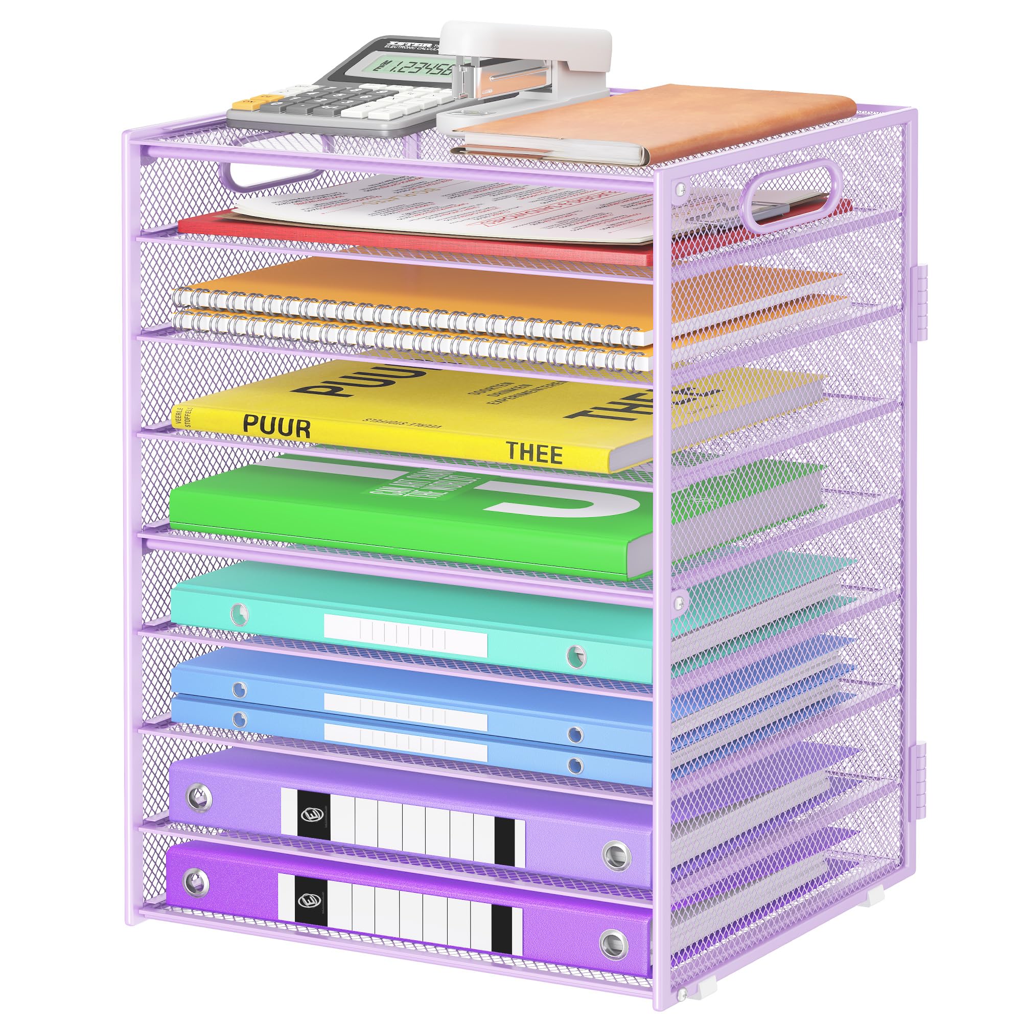 Photo 1 of Cawukege 9 Tier Paper Organizer with Handle, Large Capacity Desk Organizer Mesh File Folder Letter Paper Tray Desktop Document Sorter for Classroom, School, and Office Accessories Organization- Purple