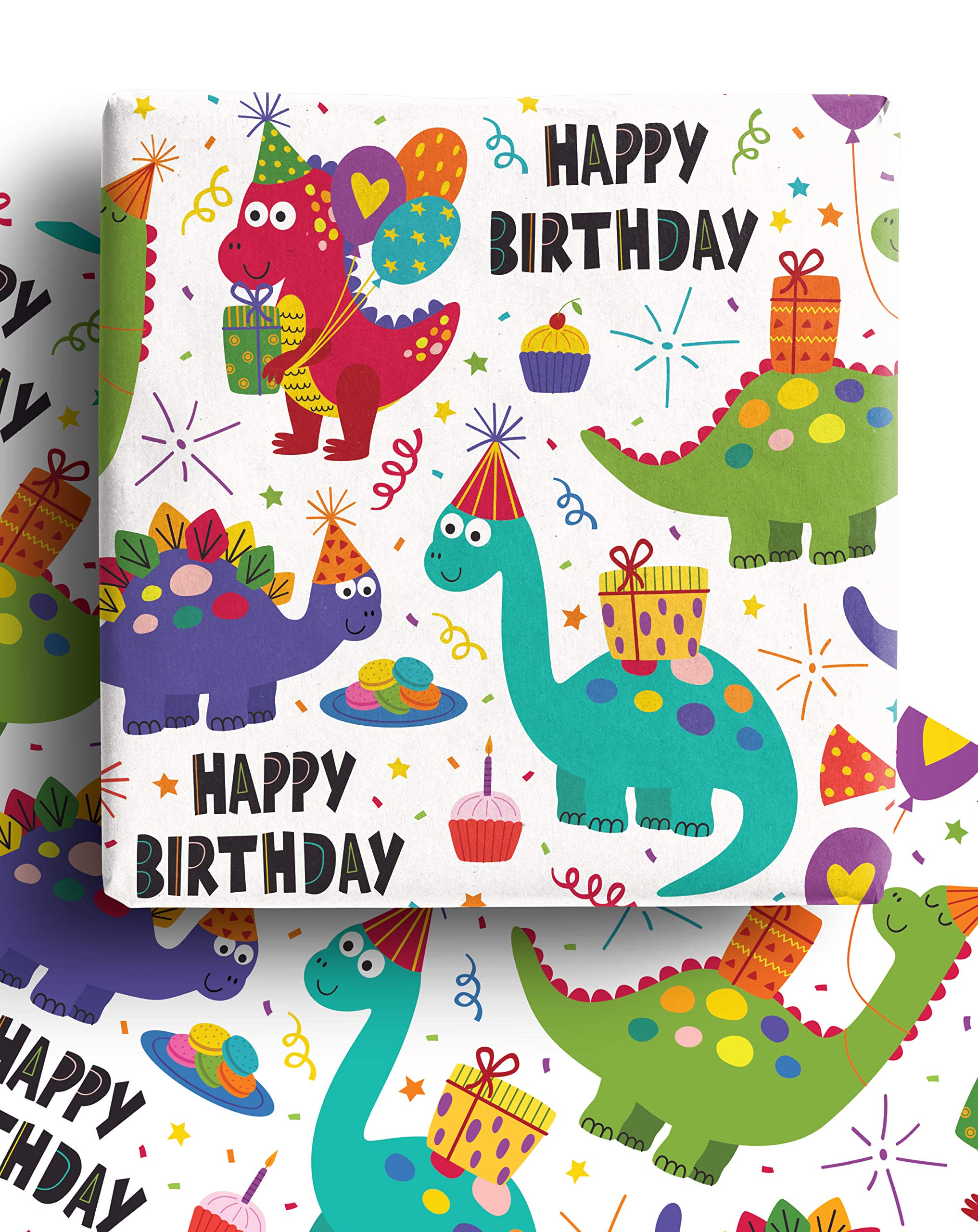 4 x Dinosaur Wrapping Paper Sheets 70cm x 50cm for Boys and Girls - Premium Recyclable Dino Gift Wrap for Kids Birthday. Made in the UK