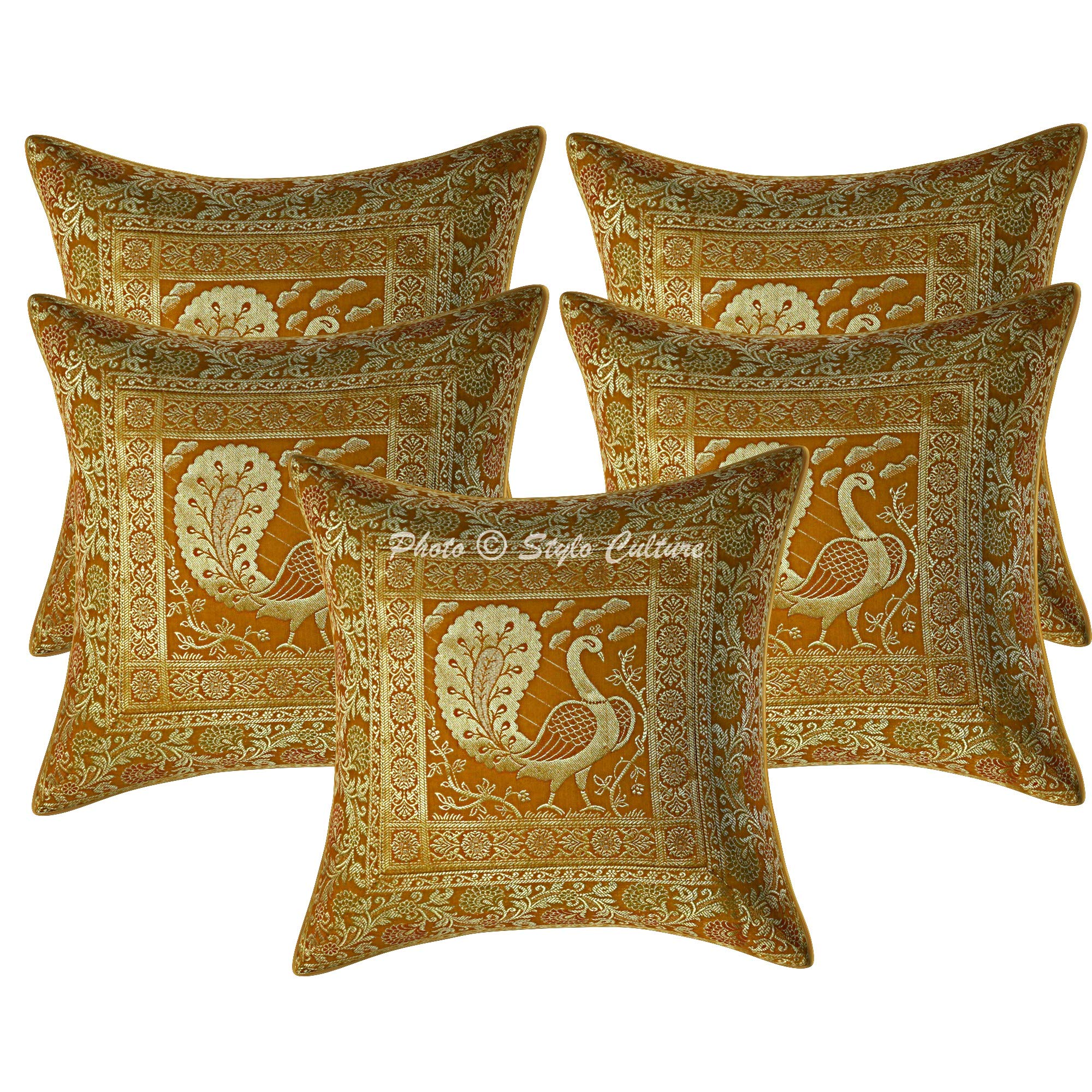 Stylo Culture Ethnic Brocade Living Room Cushion Covers 40 x 40cm Mustard Yellow Gold Dancing Peacock 16x16 Inch Jacquard Square Sofa Couch Floral Throw Pillowcases - (Set Of 5 Pcs)