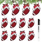 Football Christmas Ornaments 12 Pcs, Wooden Inspirational Gifts for Rugby Team with 1 Pen, Personalized Sports Round DIY Christmas Tree Decorations (Football)