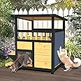 Outdoor Cat House Weatherproof - Outside Two Story Feral Cat Shelter with Escape Door, Wood Dog Condo for Small/Medium Pets, Pull-Out Bottom & Scratching Mat Included - Black and Earthy yellow