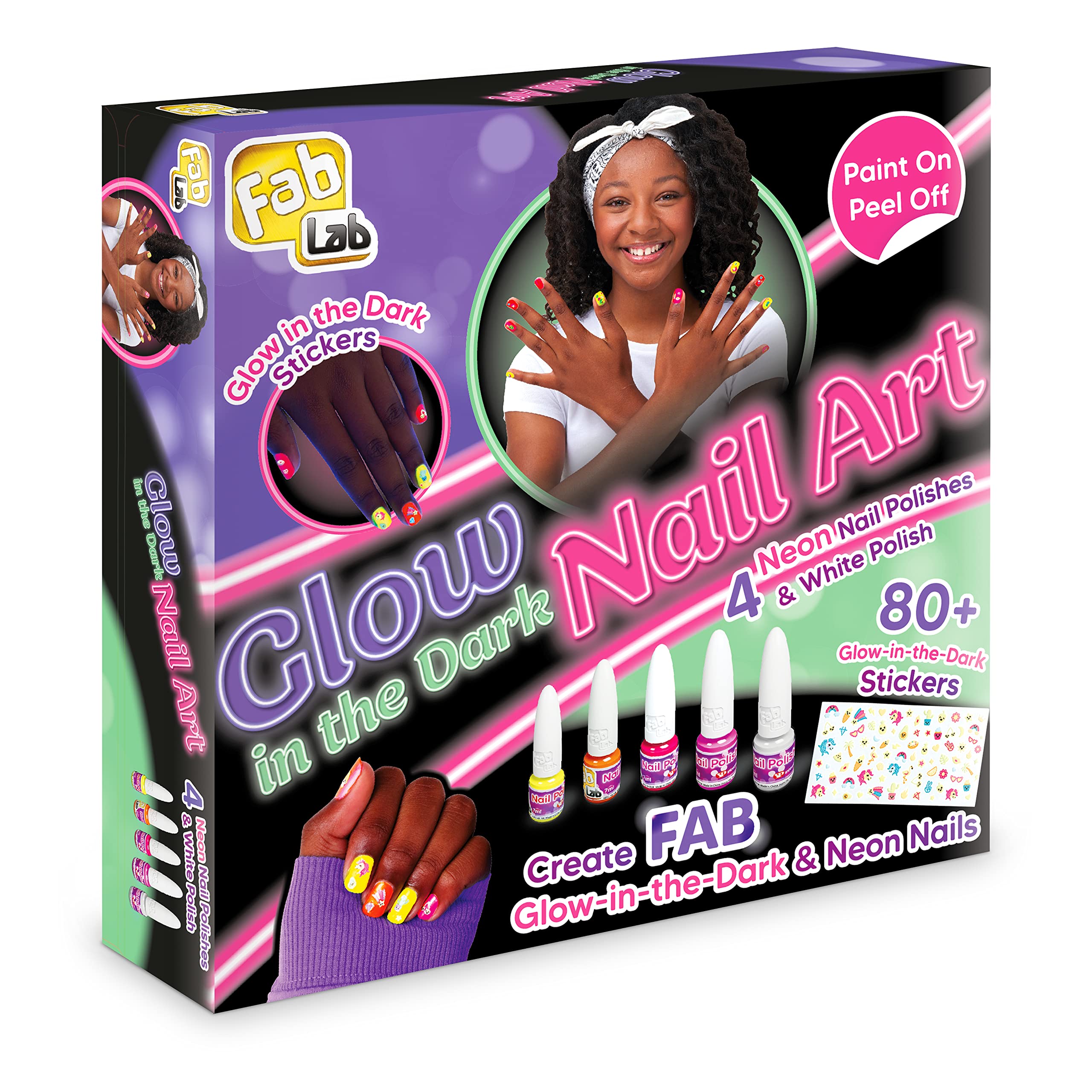 FabLab Glow In The Dark Nail Art Kit | Create FAB Neon Nail Art! | Includes 5 Nail Varnish Colours and 80+ Nail Stickers | Girls Gifts For Ages 8+