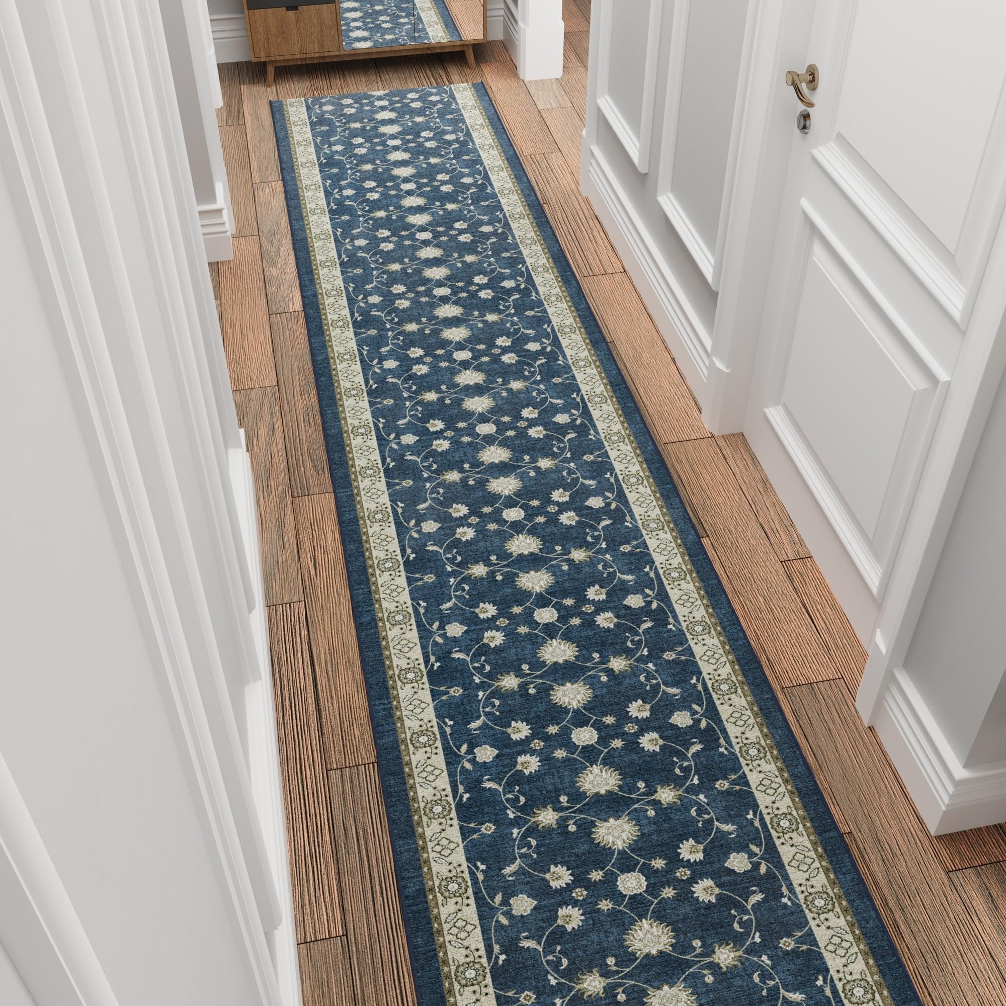 Photo 1 of Ottomanson 1'11" x 28' Custom Size Runner Rug – Non-Slip Thin Pile Hallway Carpet – Stain Resistant, Cut-to-Fit for Kitchen, Entryway, Stairs – Mahal Navy