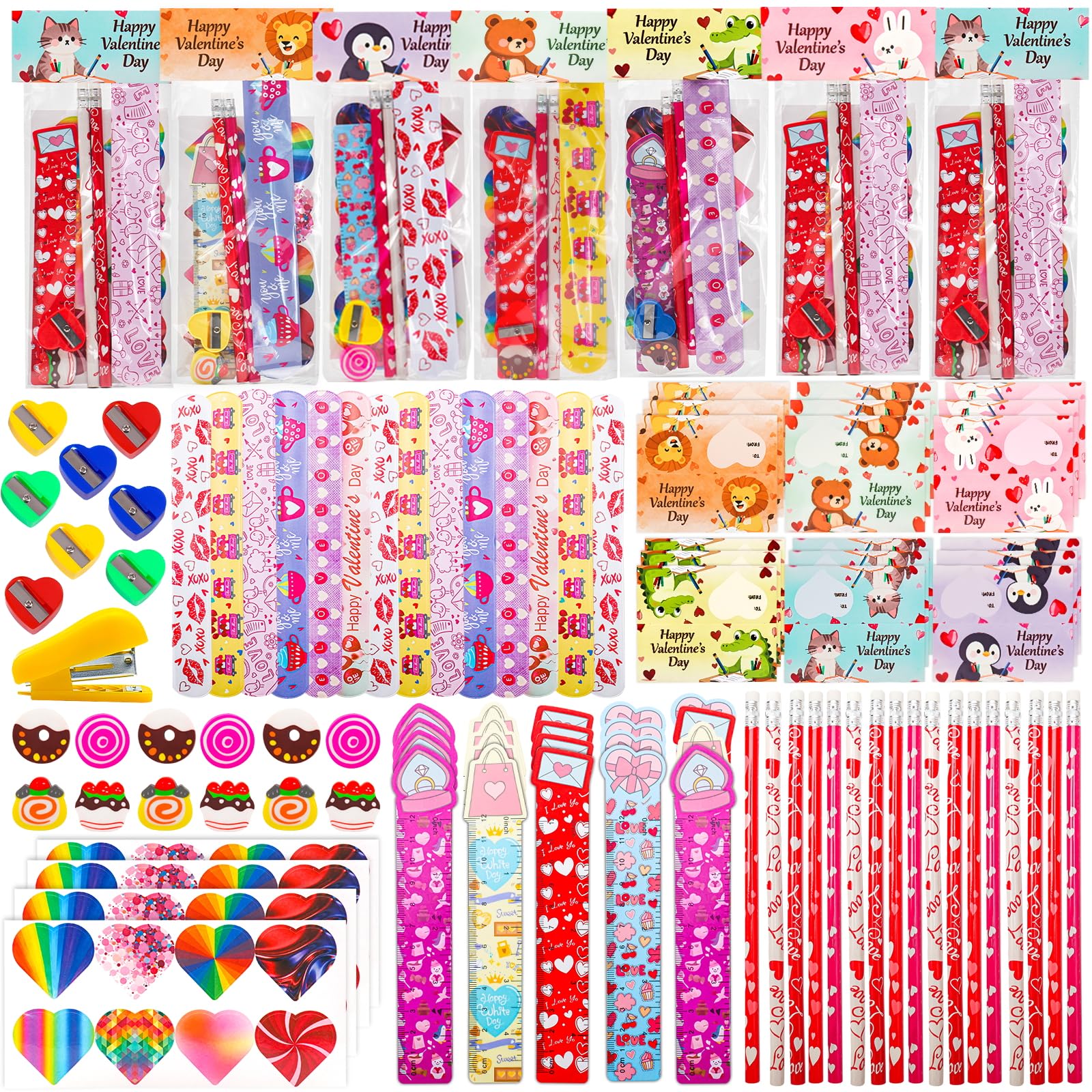 Photo 1 of 28 Pack Valentine's Day Stationery Set with Cards-Valentines Gifts for Kids, Classroom Exchange Party Favors, Goodie Bag Fillers, Includes Pencils, Rulers, Erasers, Stamps, Sharpeners & Stickers