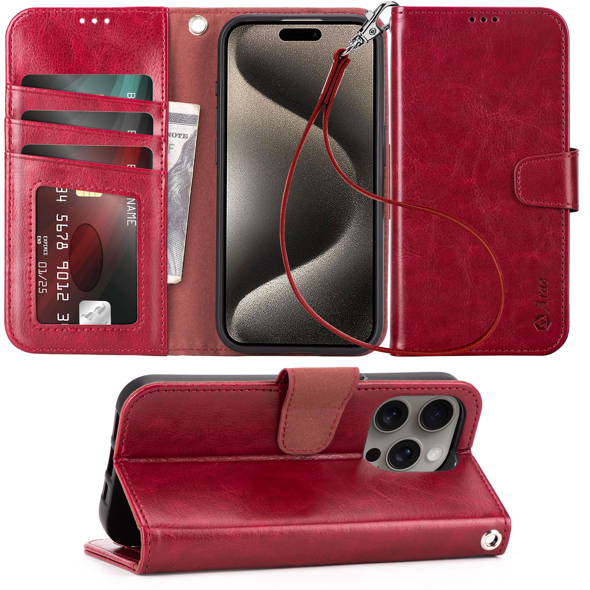 Photo 1 of Arae Compatible with iPhone 15 Pro Case with Card Holder and Wrist Strap Wallet Flip Cover for iPhone 15 Pro 6.1 inch,Wine Red