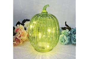 CFDECOR Fall decorations for home,Crackle Glass Pumpkin Light with Timer, Battery Operated Led Pumpkin Lamp, light up Glass night lights, Ideal for Halloween Thanksgiving Rustic Decor, Xmas Décor (Green)