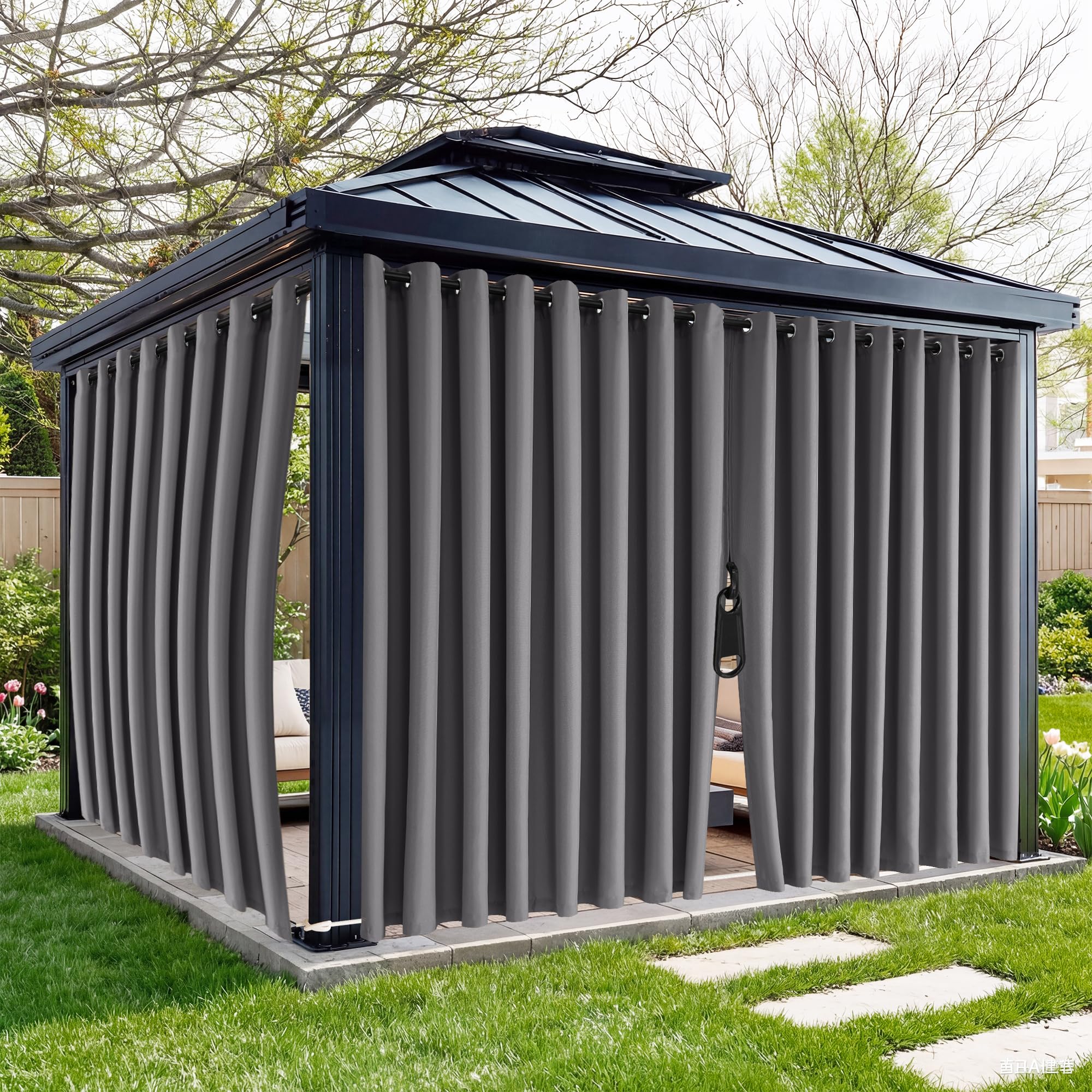 Photo 1 of RYB HOME Fade-Resistant Extra Wide Outdoor Curtains for Patio Waterproof with Zipper Back Tab Bottom, Windproof Sun Blocking Privacy for Gazebo Porch Pergola, Grey, W 110 x L 96, 2 Panels