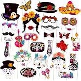 HEYINSHEN 30PCS Day of The Dead Photo Booth Props Día De Los Muertos Photo Props Cinco De Mayo Photo Props Skulls Photo Booth Props for Mexican Birthday Wedding Bachelorette Fiesta Party Supplies