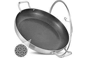 Inqibee 14-Inch Hybrid Tri-Ply Stainless Steel Paella Pan with Lid,Ceramic Non Stick Large Skillet,Induction Cooking Pan,Anti