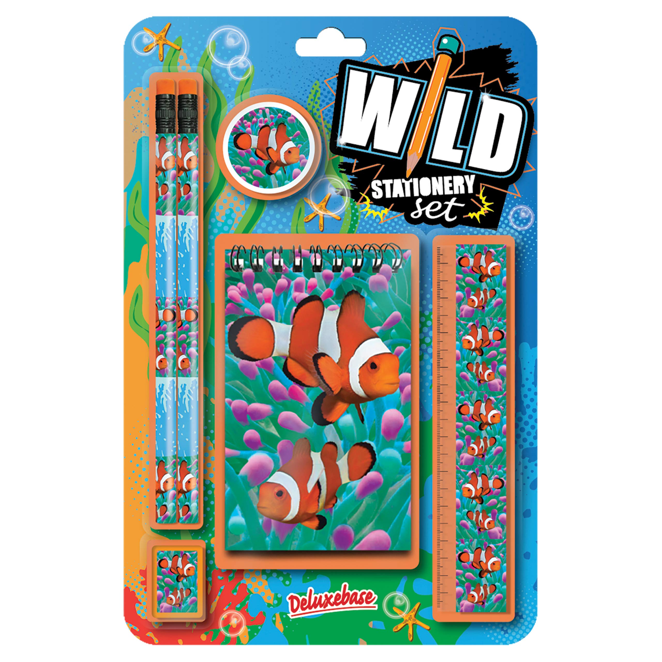 Deluxebase Wild Stationery Set โ Clown Fish, 6 Piece School Supplies Set including Notebook, 2 Pencils, Ruler, Pencil Eraser and Sharpener, Fun Animal Stationery Gifts for Kids and Students. โ image 1