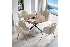 NORDICANA 5 Pieces 37-Inch Round Dining Table and Upholstered Chairs for Four Person, MDF Table-top, Off White Faux Fur Armchairs with Wood Grain Metal Leg for Kitchen, Reception Room