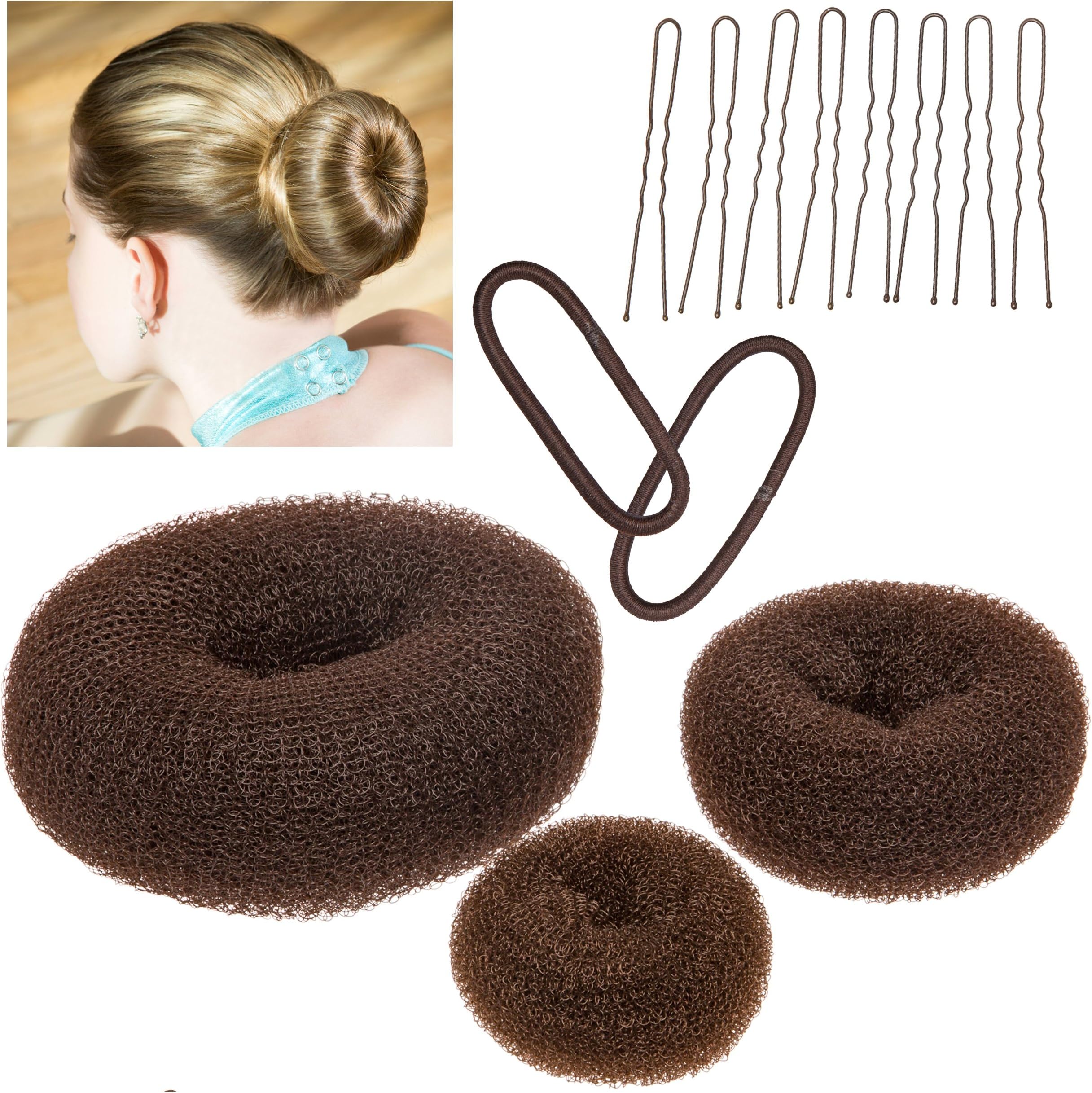 GOZE 13 Piece Ring Hair Donut Bun Maker Set - For Chignon Hair Styles - 3 Buns, 2 Bands, 8 Bobby Pins (Brown)