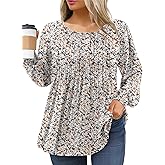 IN'VOLAND Women's Plus Size Long Sleeve Tunic Tops Pleated Crew Neck Shirts Casual Loose Blouse Fall T-Shirt