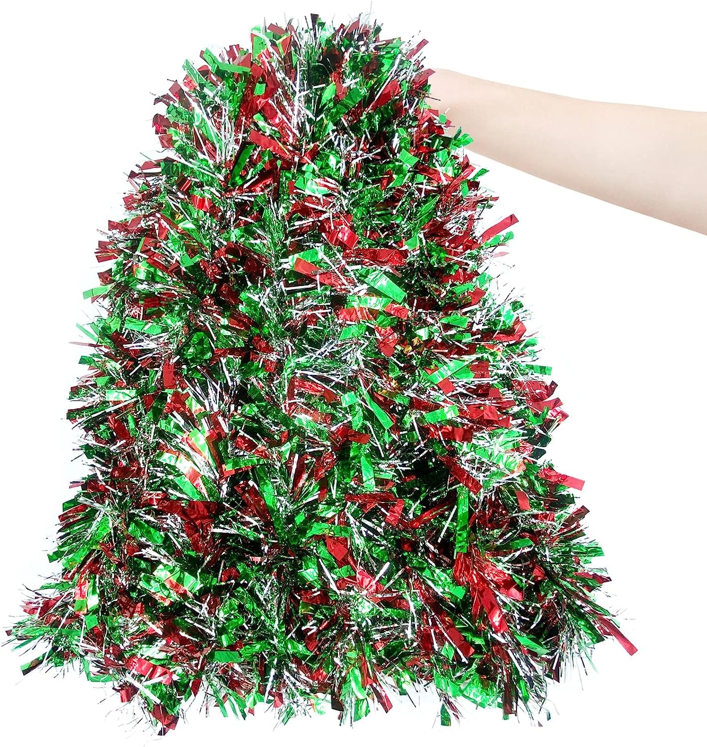 CFOFT 32.8 Feet Christmas Garland, Thick Tinsel in Red/Green/Silver, Xmas Tree Decorations for Indoor/Outdoor Parties