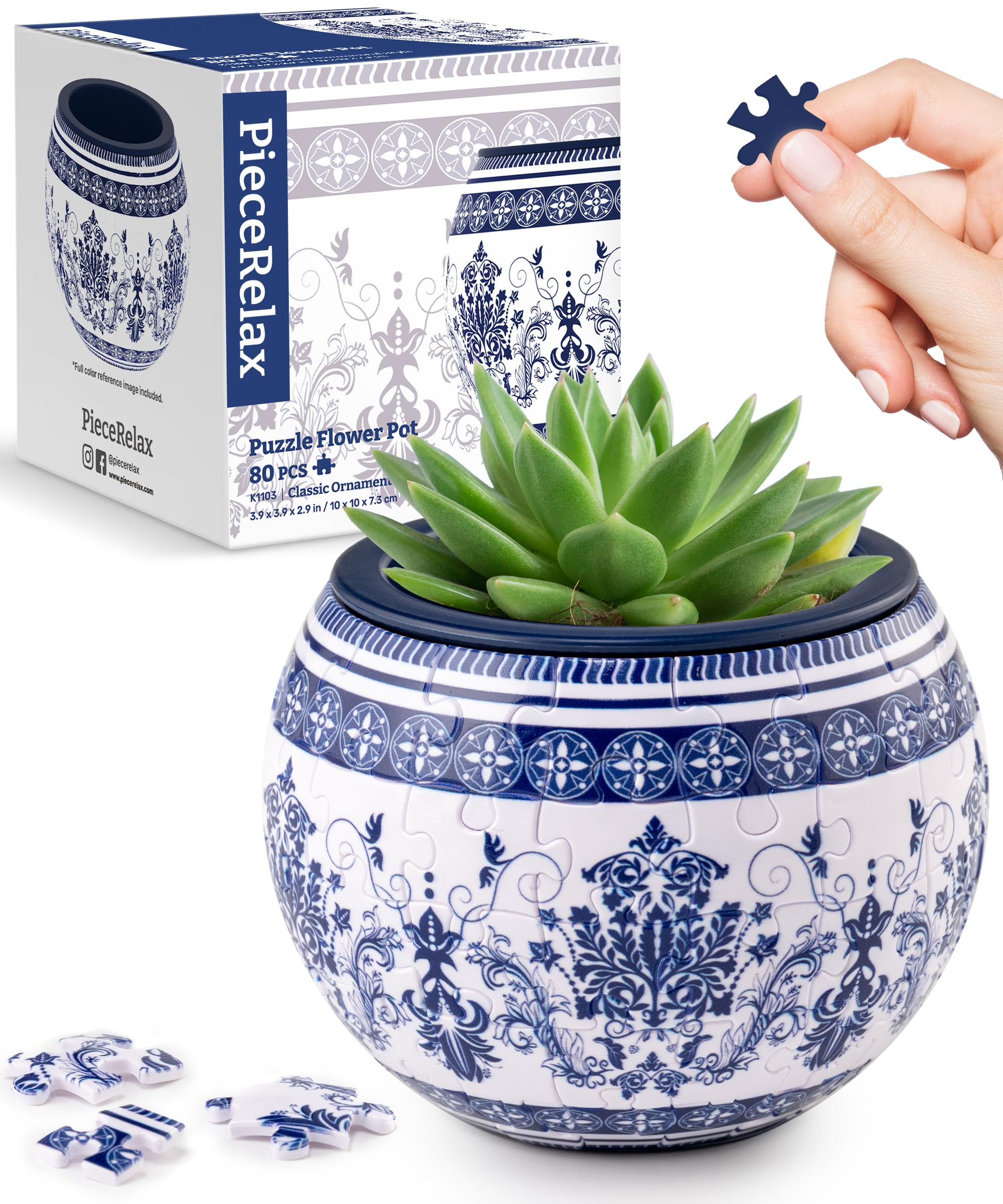 Photo 1 of PieceRelax 3D Puzzle Planter - Classic Ornamental Style - Small Round Plant Pots with Drainage, Home Decor Flower Pots for Indoor Cactus, Succulents Pots [K1103]