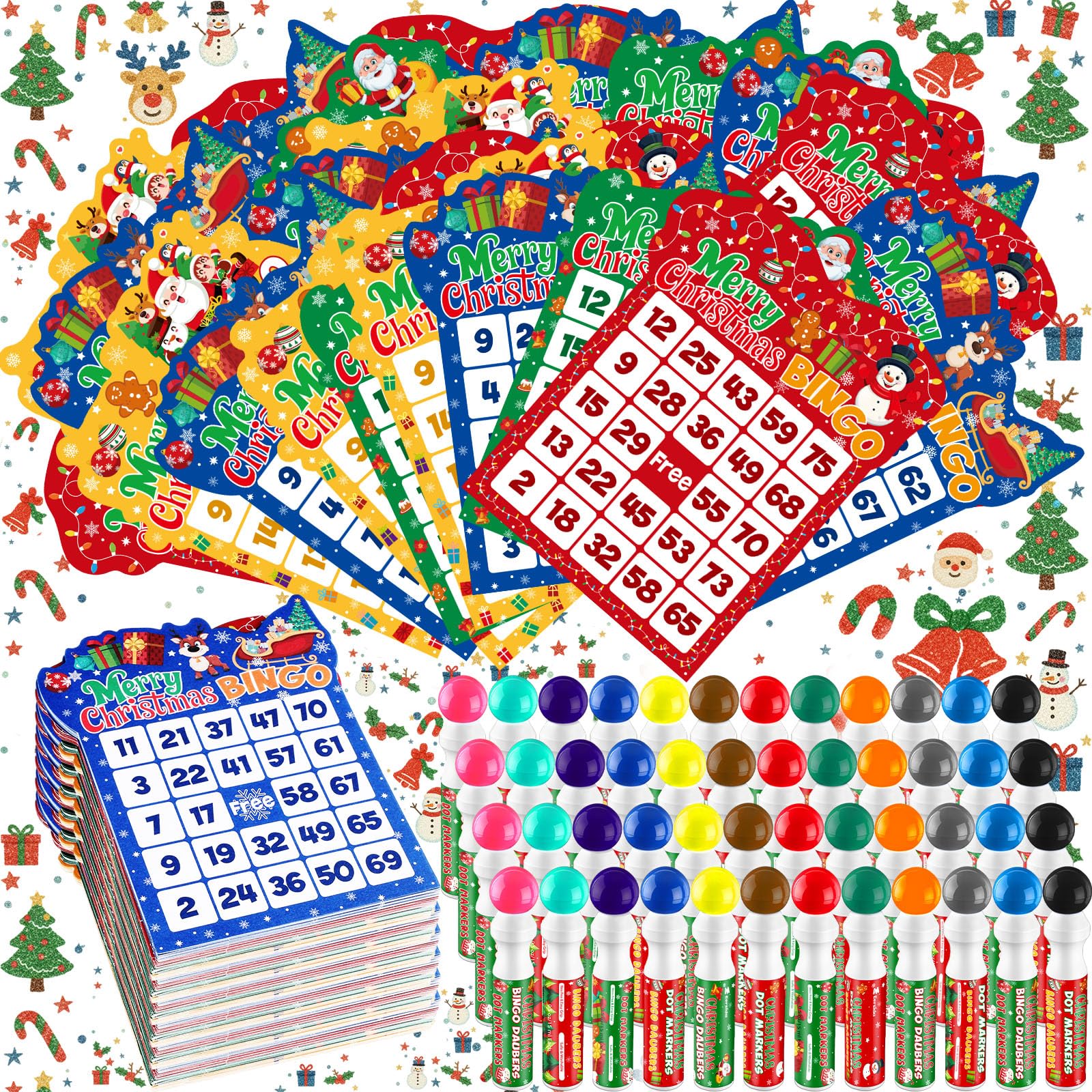Photo 1 of Eersida 192 Pack Christmas Bingo Game and 0.5 oz Dot Daubers Set Includes 144 Bingo Cards and 48 Dot Markers Game Supplies set for Christmas Gifts Party Favor Supplies Xmas Family Casino Play Night