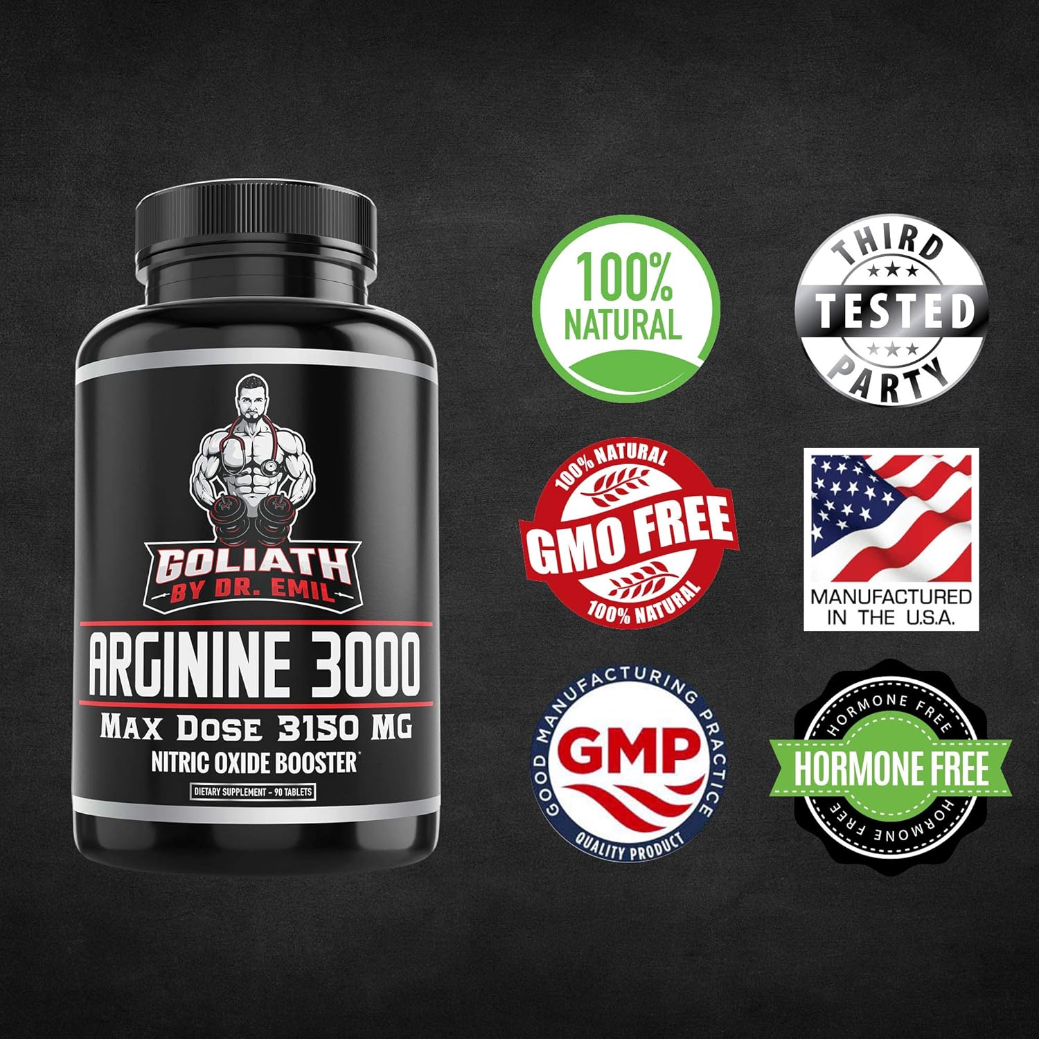 Dr. Emil - L Arginine (3150mg) Highest Capsule Dose - Nitric Oxide Supplement for Muscle Growth, Vascularity, Endurance and Heart Health (AAKG and HCL) - 90 Tablets: Health & Personal Care