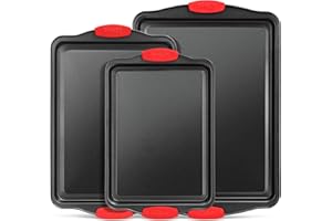 BAKKENMASTER BAKKEN Cookie Sheets for Baking Nonstick Set - 3-Piece Stackable Carbon Steel Baking Sheet Pans Set with Silicone Handles, Non Toxic Cookie Sheets for Baking Bakeware Set - Black