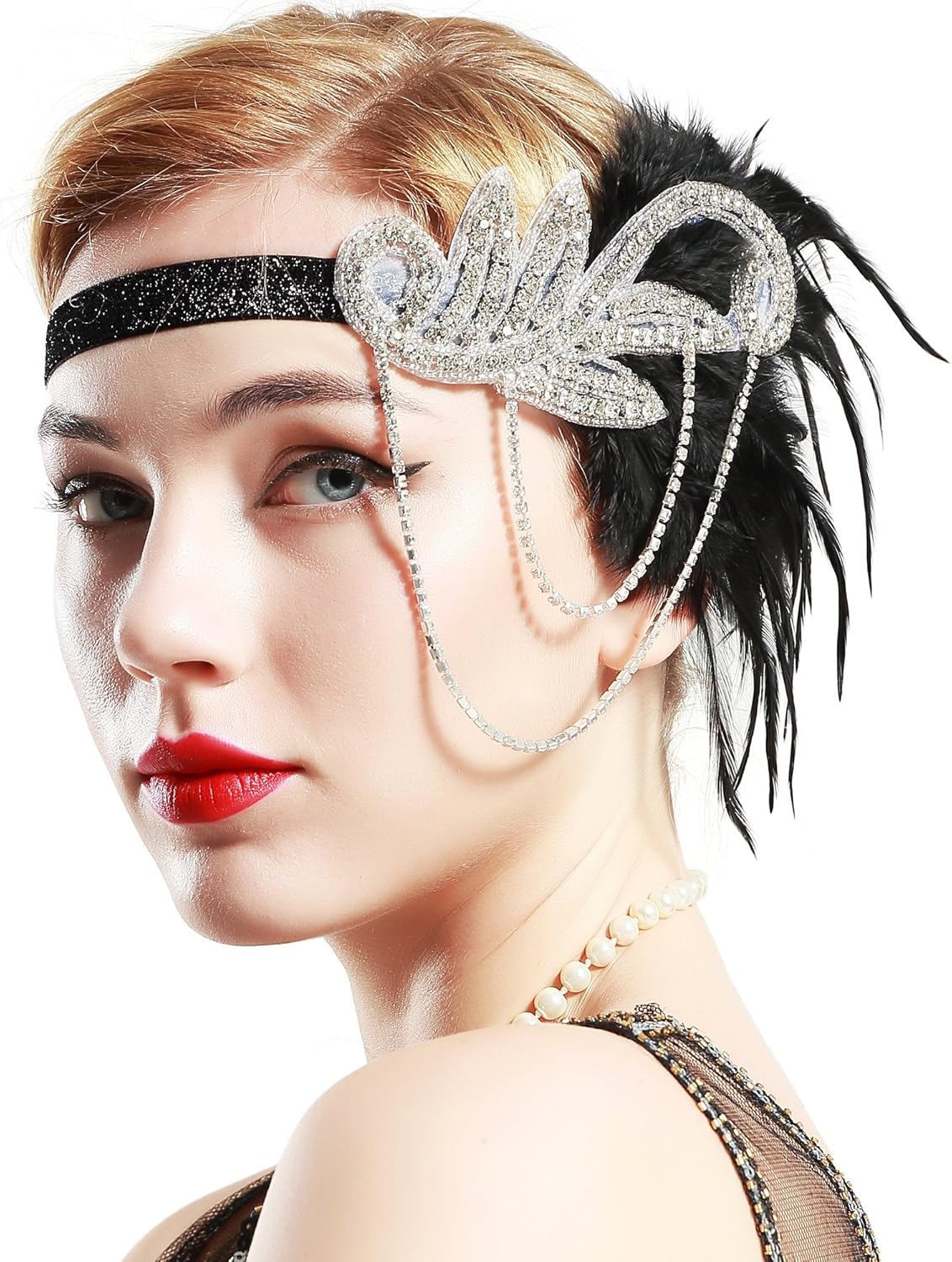 BABEYOND 1920s Flapper Gatsby Costume Accessories Set 20s Flapper Headband Pearl Necklace Gloves Cigarette Holder (Set-32): Clothing