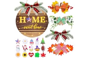 Dendrim Interchangeable Welcome Sign for Front Door with 4 Seasonal Wreaths and 15 Icons, Rustic Round Wood Wreaths Wall Hanging Decoration for Spring Summer Fall Winter