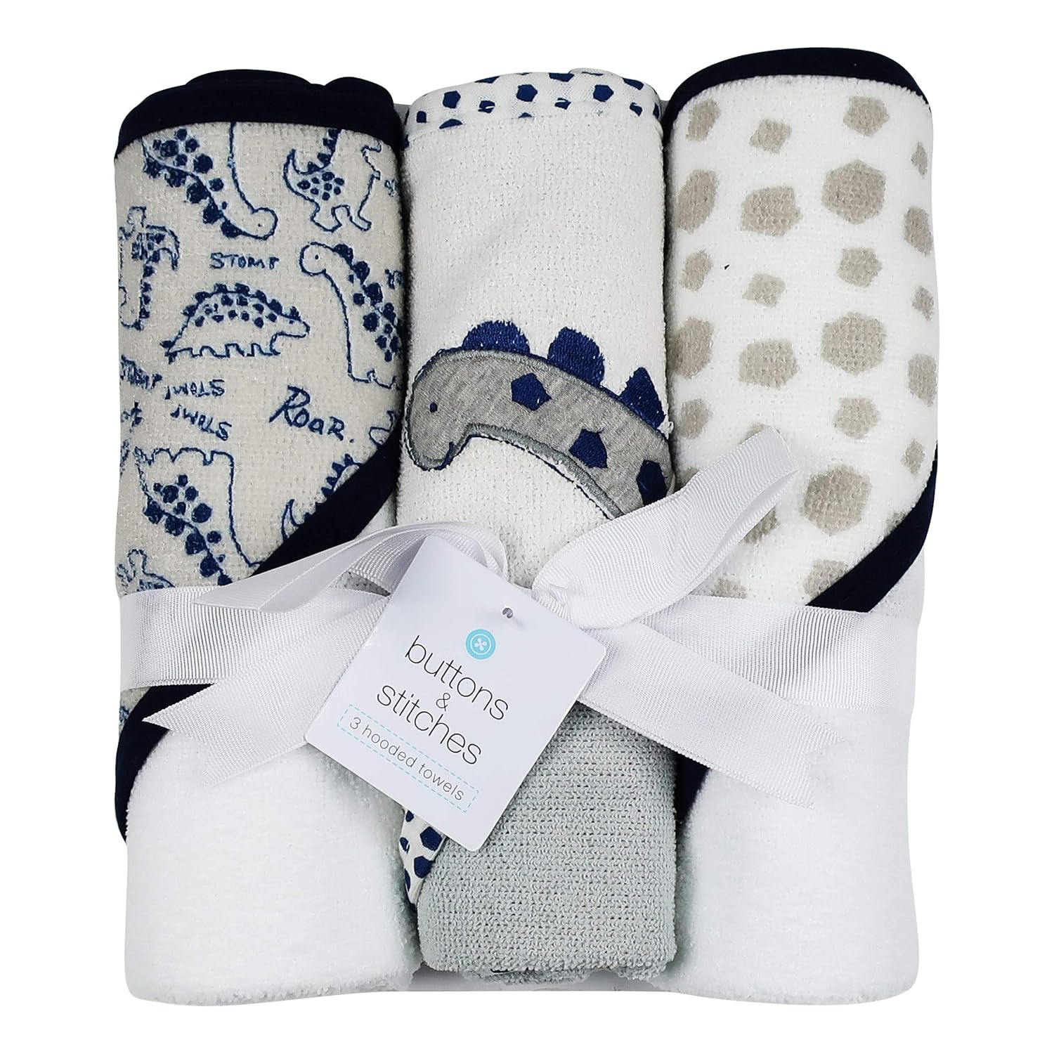 Towels, Hooded Infant Pack 3 Boys Baby Stitches and Buttons Print