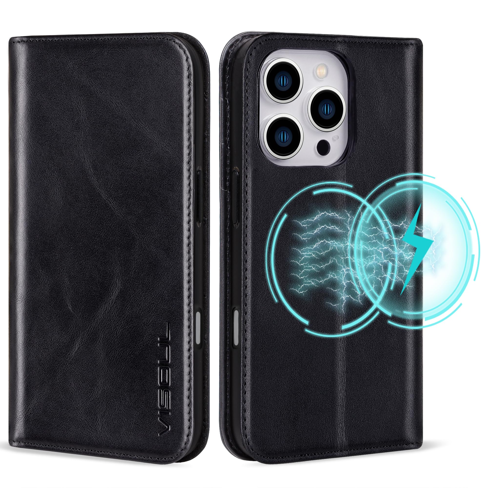 VISOUL Oil Waxed Genuine Leather Wallet Case Compatible with iPhone 16 6.9-inch 5G 2024 with Wireless Charging, 4 Card Slot, Kickstand, Magnetic Flip Cover, Shockproof TPU Shell-Black