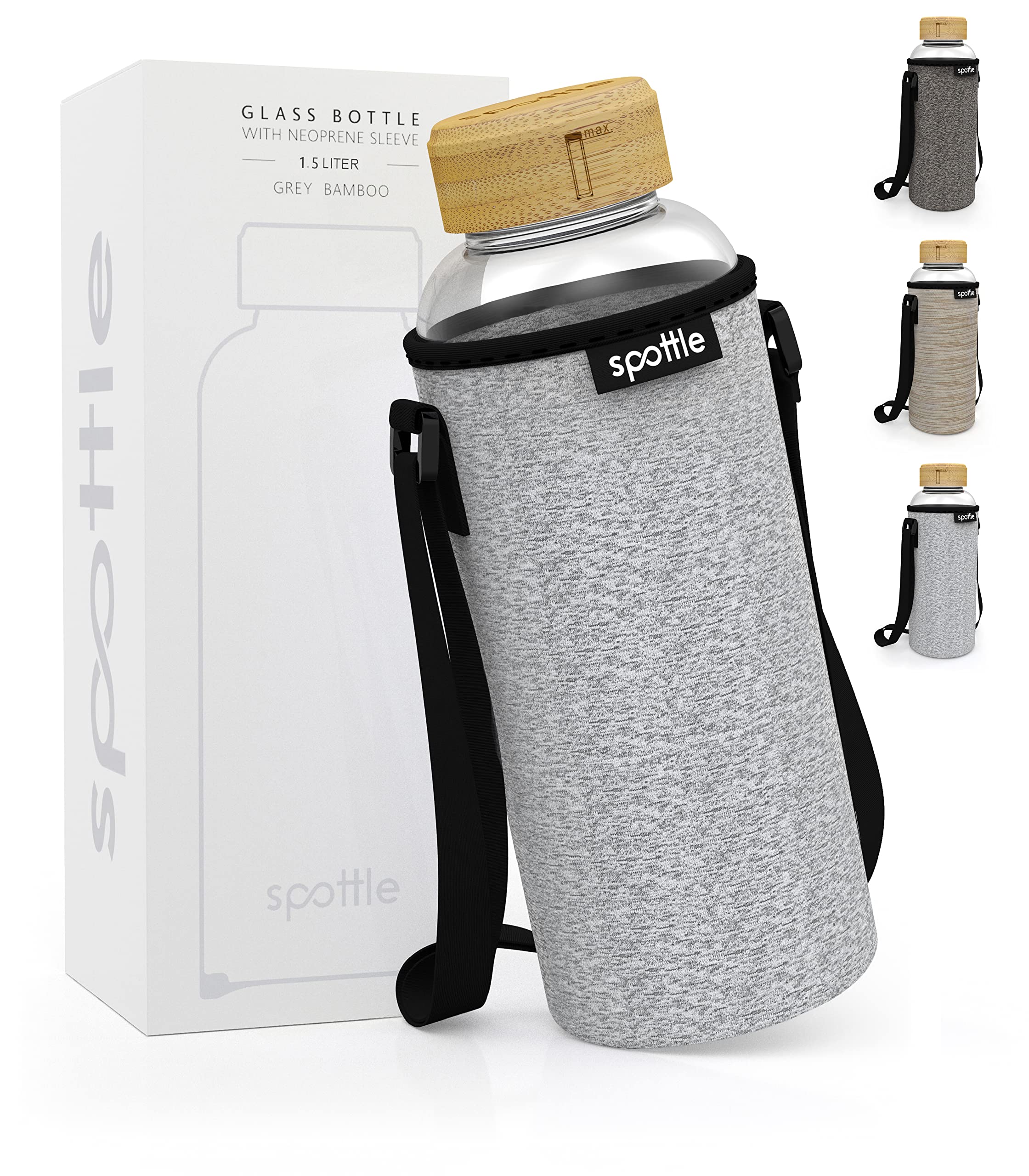 spottle Glass Water Bottle 1.5L | Reusable Borosilicate Bottle with Leakproof Lid & Sleeve | BPA-Free, Carbonation-Friendly (Grey)