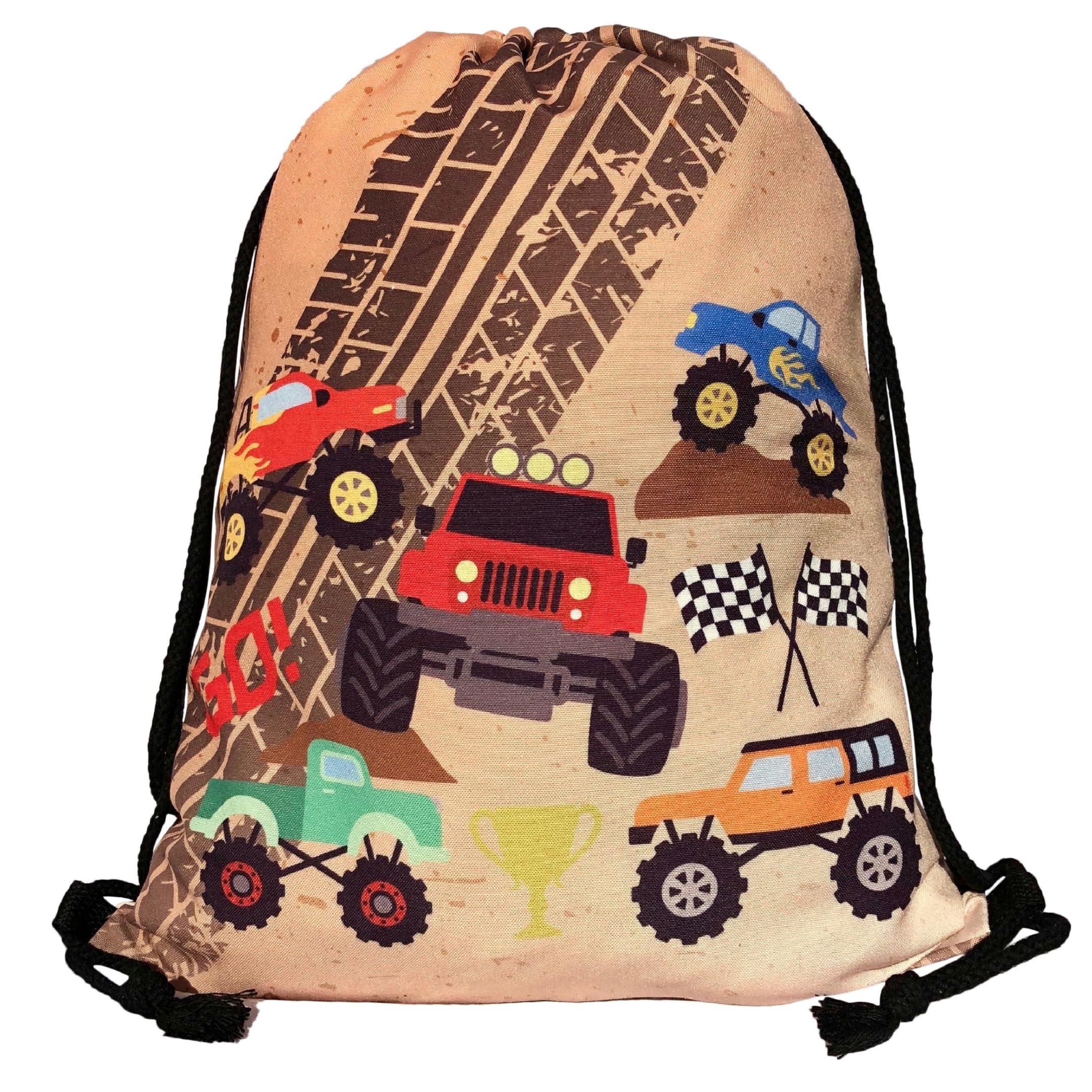 HECKBO Kids Monster Truck Cars Gym Drawstring Bag - 40x32cm - 12.6" x 15.8" - String Bag - Kindergarten Daycare Crèche School Football - Children's Sports Backpack