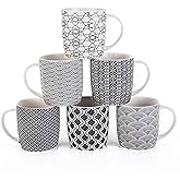 MACHUMA Set of 6 11.5 oz Coffee Mugs with Black and White Geometric Patterns, Ceramic Tea Cup Set
