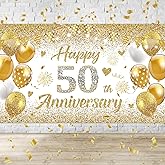 50th Wedding Anniversary Banner Decorations, White Gold Happy 50 Anniversary Party Supplies, Golden 50 th wedding anniversary decorations Decor Poster Photography for Backdrop 72.8x43.3 inches