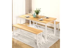 AWQM Dining Table Set with Two Benches, Kitchen Table Set for 4-6 Persons, Kitchen Table of 47.2 x 28.7 x 28.7 Inches, Bench of 41.3 x 11.8 x 17.7 Inches Each, Oak