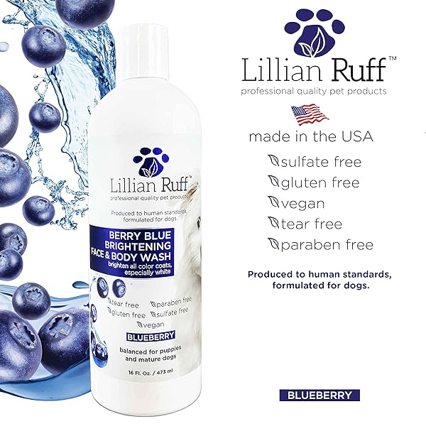 LILLIAN RUFF BERRY BLUE BRIGHTENING FACE AND BODY WASH FOR DOGS – BLUEBERRY SHAMPOO – REMOVE TEAR STAINS, HYDRATE DRY ITCHY SKIN, ADD SHINE & LUSTER TO COATS (BERRY BLUE SHAMPOO 16OZ)